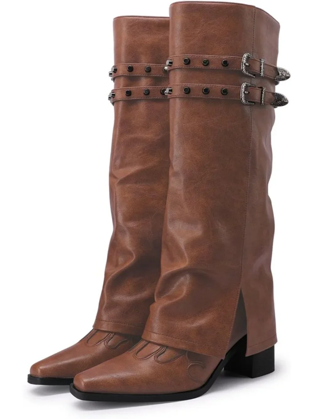 Women's Brown Pointed Toe Block Mid Heel Fold Over Wide Calf Knee High Boots